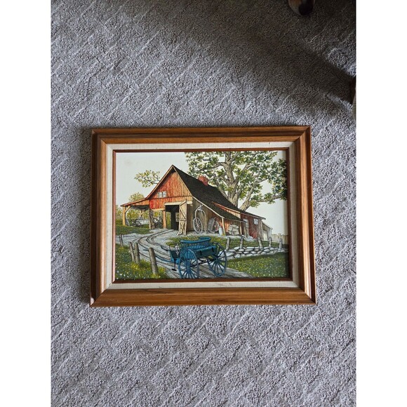 "Old Barn with Blue Buggy" by H. Hargrove - Signed & Framed Painting